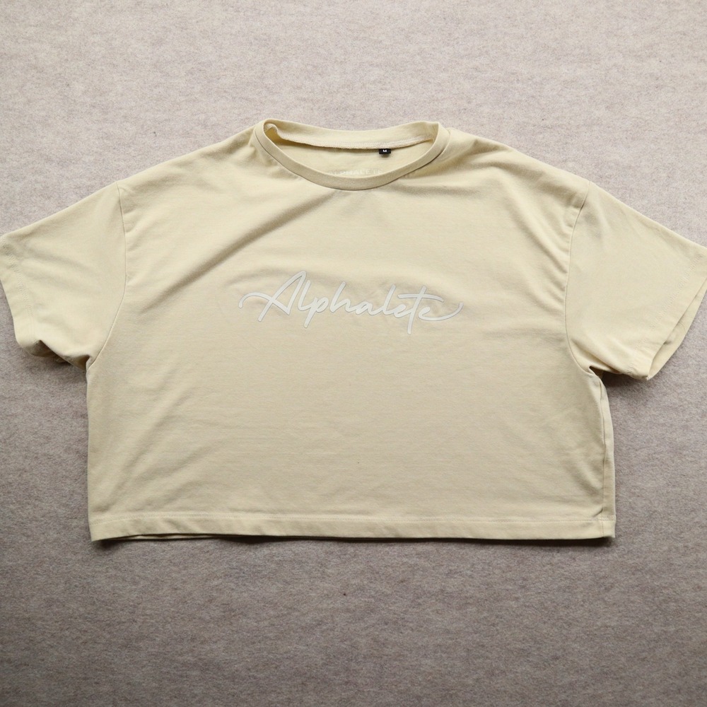 Alphalete Crop Top Size M Boxy Script Logo Y2K Cream Short Sleeve Tee